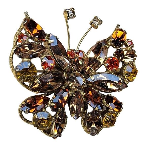 Vintage REGENCY Butterfly Brooch Aurora Borealis Citrine Rhinestones Brown Orang - Picture 2 of 7